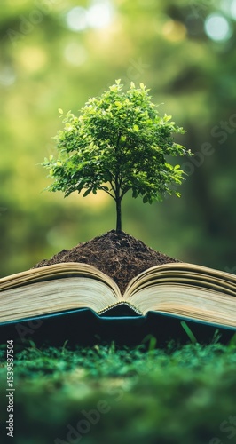 Open book with a young tree sprouting from soil, natural setting