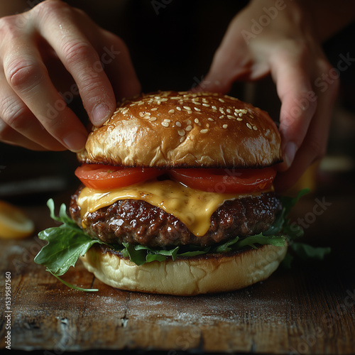 A person is holding a hamburger with a slice of tomato on top. The burger is topped with cheese and has a bun