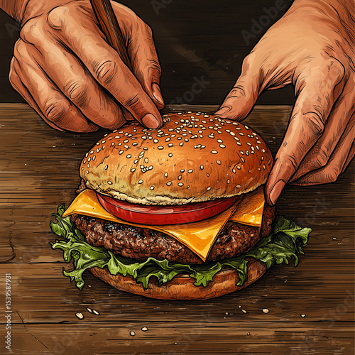 A hand is putting a bun on a hamburger. The hamburger is topped with cheese and a tomato