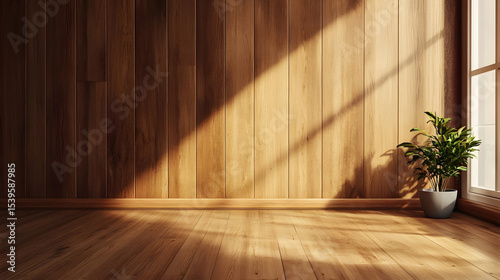 Warm sunlight casting shadows on smooth wooden floor and wall, indoor plant by window