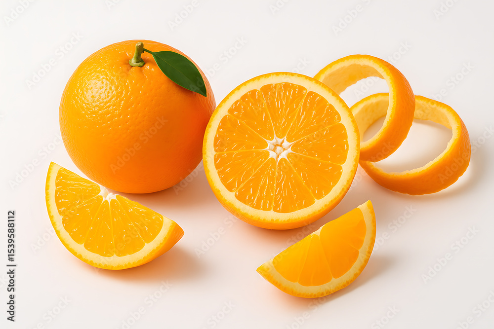 Fototapeta premium Fresh oranges whole sliced peeled vibrant citrus sweet healthy fruit isolated on white background