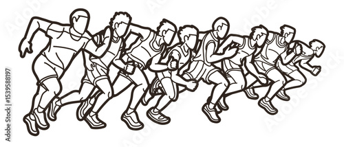 Outline Group of People Start Running Men Runner Together Marathon Running Cartoon Sport Graphic Vector