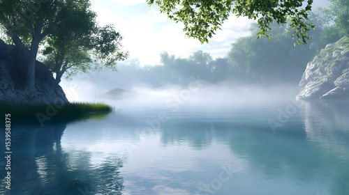 Misty lake surrounded by lush trees and rocky cliffs, serene nature scene