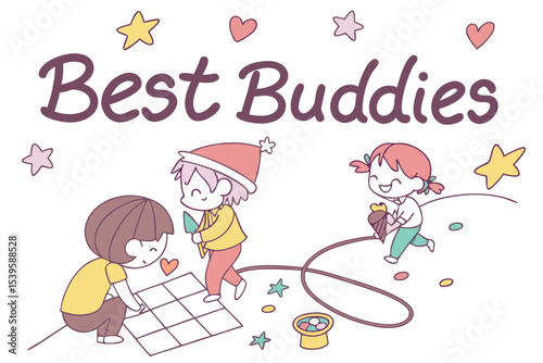 Hand drawn doodle illustration kids playing together