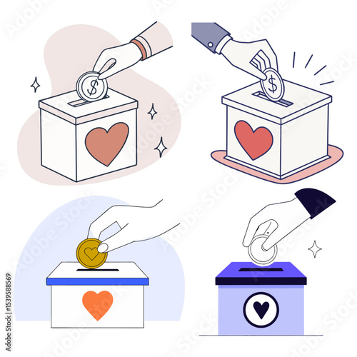 Flat style illustration of a hand placing a coin into a donation box