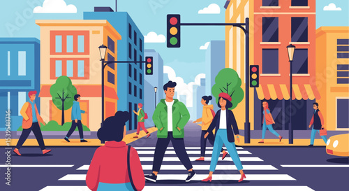 Adobe illustrator vector arwork of A vibrant, flat-style illustration depicts a city street scene with pedestrians crossing at a zebra crossing under traffic lights