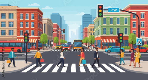 Adobe illustrator vector arwork of A vibrant, flat-style illustration depicts a city street scene with pedestrians crossing at a zebra crossing under traffic lights