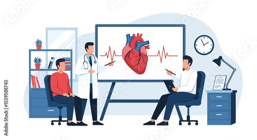 Adoe illustrator flat style vector artwork of Doctor explaining heart health to a patient in a medical office. Illustration of a consultation about healthy system