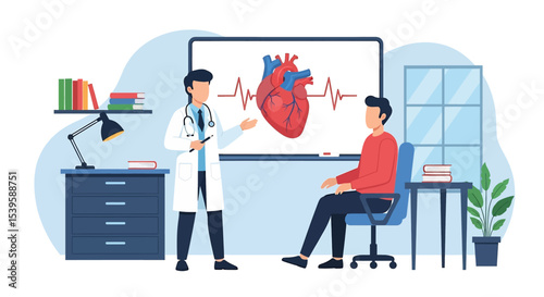 Adoe illustrator flat style vector artwork of Doctor explaining heart health to a patient in a medical office. Illustration of a consultation about healthy system