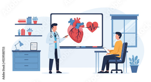 Adoe illustrator flat style vector artwork of Doctor explaining heart health to a patient in a medical office. Illustration of a consultation about healthy system