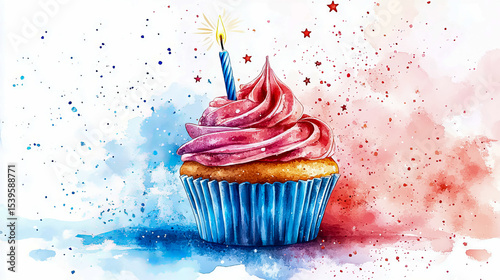 Watercolor style birthday cupcake with candle and red and blue splatters