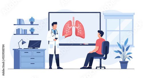 Adoe illustrator flat style vector artwork of Doctor explaining lung health to a patient in a medical office. Illustration of a consultation about respiratory system