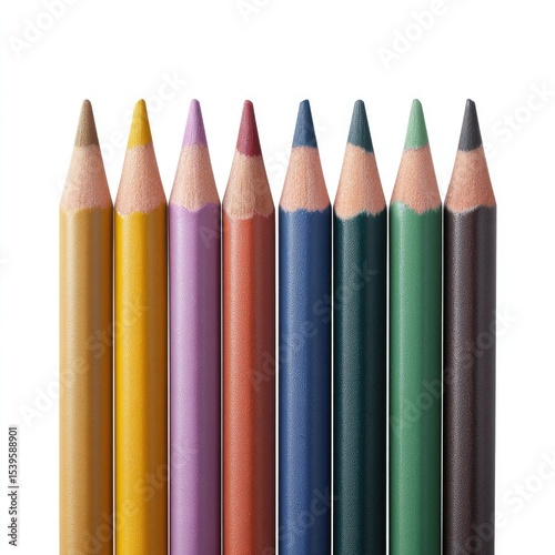 Colorful pencils arranged in a row on a white background