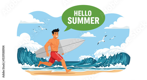Adobe illustrator Flat style vector illustration of a man running towards a large wave with his surfboard, exclaiming for summer holiday surfing fun	