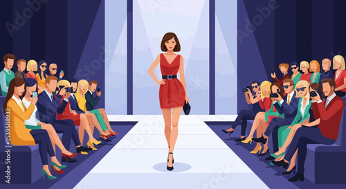 Glamorous vector illustration: A confident fashion model walks the runway in a stylish dark suit and sunglasses, illuminated by a bright spotlight, as an audience of photographers captures the moment