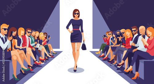 Glamorous vector illustration: A confident fashion model walks the runway in a stylish dark suit and sunglasses, illuminated by a bright spotlight, as an audience of photographers captures the moment
