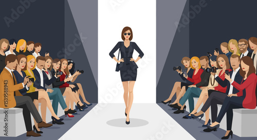 Glamorous vector illustration: A confident fashion model walks the runway in a stylish dark suit and sunglasses, illuminated by a bright spotlight, as an audience of photographers captures the moment