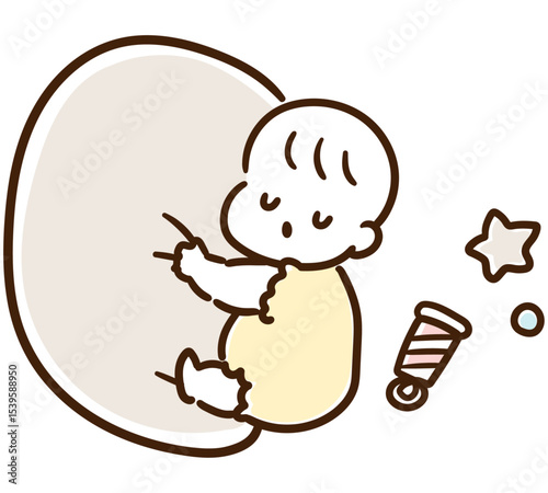 クッションを抱きしめて眠るかわいい赤ちゃんのデフォルメイラスト