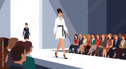 Glamorous vector illustration: A confident fashion model walks the runway in a stylish dark suit and sunglasses, illuminated by a bright spotlight, as an audience of photographers captures the moment