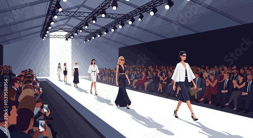 
Adobe illustrator artwork vector illustration of a vibrant fashion show with models showcasing diverse, stylish dresses on a brightly lit runway, surrounded by an appreciative audience