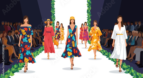 
Adobe illustrator artwork vector illustration of a vibrant fashion show with models showcasing diverse, stylish dresses on a brightly lit runway, surrounded by an appreciative audience