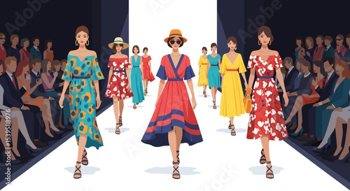 
Adobe illustrator artwork vector illustration of a vibrant fashion show with models showcasing diverse, stylish dresses on a brightly lit runway, surrounded by an appreciative audience