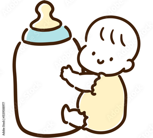 哺乳瓶を抱えるかわいい赤ちゃんのデフォルメイラスト