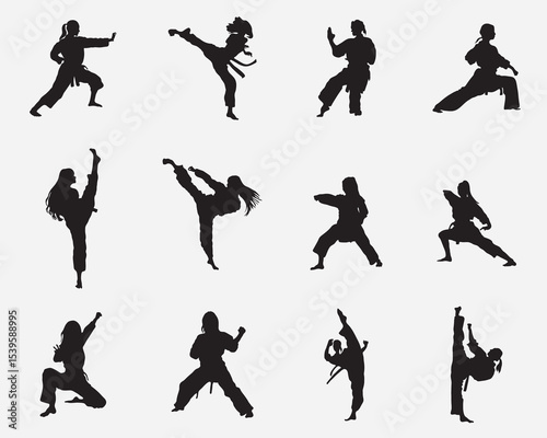 karate women excercise style vector silhouette collection.young girl martial art action black shadow clipart isolated on background