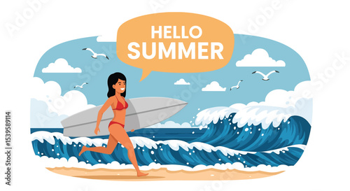 Adobe illustrator Flat style vector illustration of a woman running towards a large wave with his surfboard, exclaiming for summer holiday surfing fun	