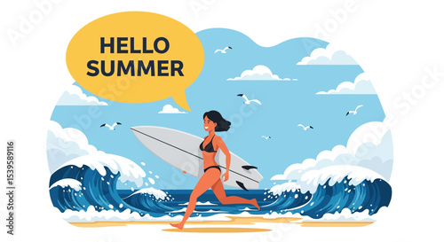 Adobe illustrator Flat style vector illustration of a woman running towards a large wave with his surfboard, exclaiming for summer holiday surfing fun	
