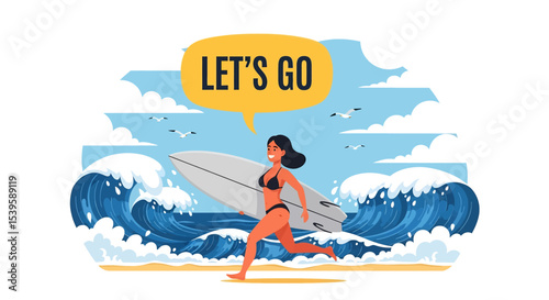 Adobe illustrator Flat style vector illustration of a woman running towards a large wave with his surfboard, exclaiming for summer holiday surfing fun	