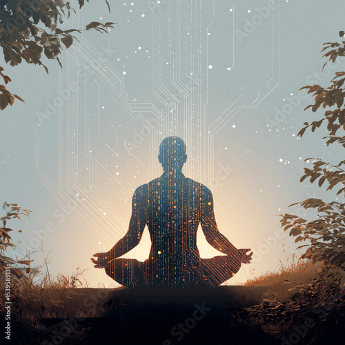 A man is sitting in a lotus position in a forest. The man is surrounded by a lot of trees and the sky is blue. The man is in a peaceful and serene mood