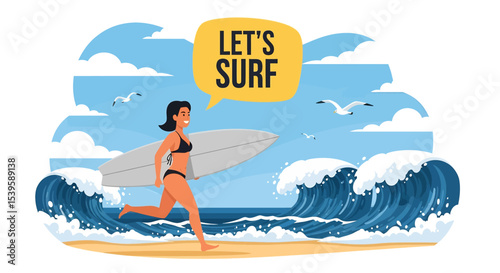 Adobe illustrator Flat style vector illustration of a woman running towards a large wave with his surfboard, exclaiming for summer holiday surfing fun	