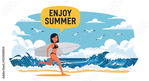 Adobe illustrator Flat style vector illustration of a woman running towards a large wave with his surfboard, exclaiming for summer holiday surfing fun	