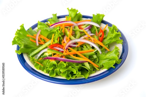 A colorful salad with lettuce, carrots, onions, and peppers on a blue plate