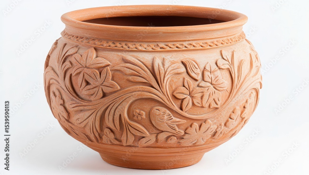 Ornate terracotta pot with carved floral designs Ornate terracotta pot with carved floral designs