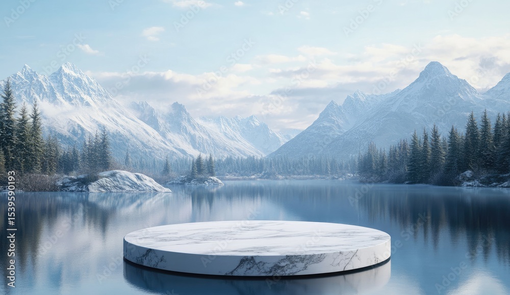 Obraz premium Marble circle podium on tranquil winter lake, mountains backdrop