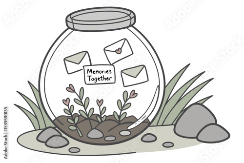 Miniature glass jar terrarium illustration