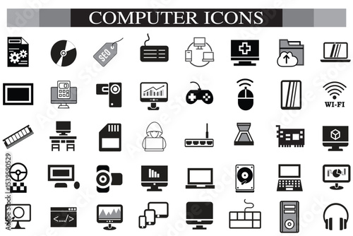 Computer icon set. Computer, network, website, server, web design, monitor, smartphone, tablet and laptop and programming, icons vector collection.