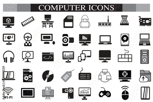 Computer icon set. Computer, network, website, server, web design, monitor, smartphone, tablet and laptop and programming, icons vector collection.