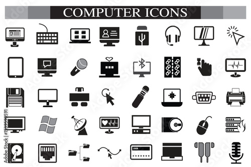 Computer icon set. Computer, network, website, server, web design, monitor, smartphone, tablet and laptop and programming, icons vector collection.