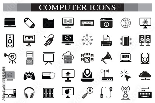 Computer icon set. Computer, network, website, server, web design, monitor, smartphone, tablet and laptop and programming, icons vector collection.