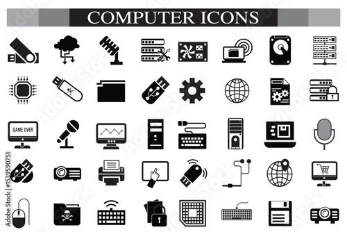 Computer icon set. Computer, network, website, server, web design, monitor, smartphone, tablet and laptop and programming, icons vector collection.