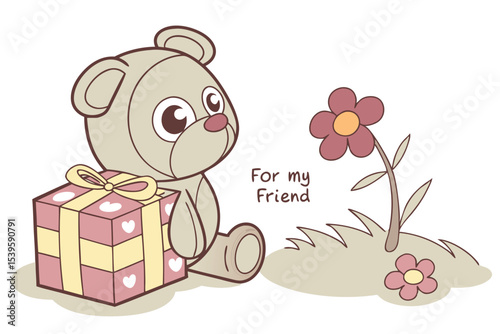 Adorable teddy bear offering a small gift illustration