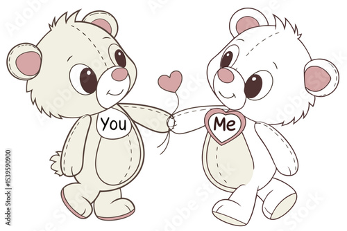 Adorable matching teddy bears holding hearts illustration