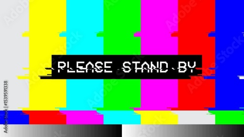 animation please stand by text on error video damage bad interference and no signal with glitch distortion 