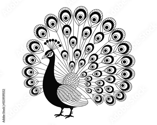 Elegant Peacock: A stunning black and white illustration of a peacock, its magnificent tail feathers fanned out in a display of artistry and grace.