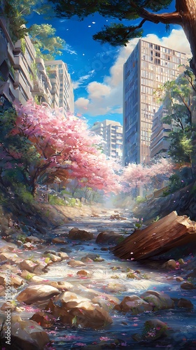Urban stream lined with cherry blossoms in spring.