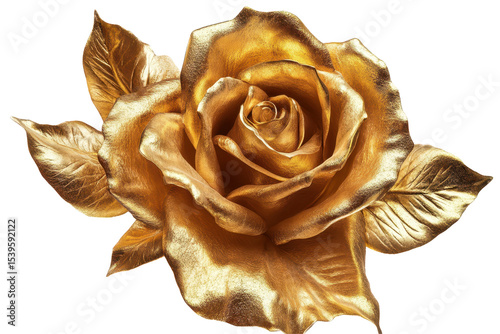 Gold rose isolated on transparent background showcasing intricate petals and leaves, perfect for decorative or artistic designs to enhance visual appeal