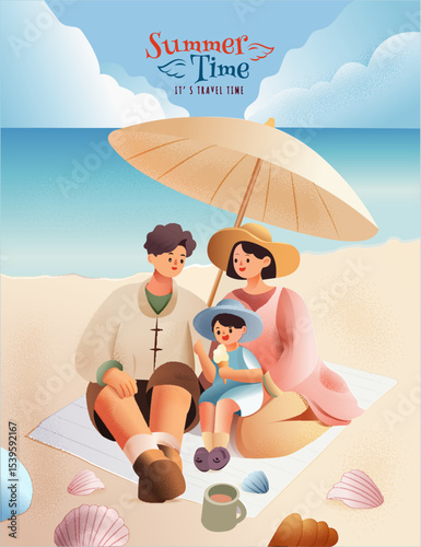 Happy Family Beach Vacation Illustration Summer